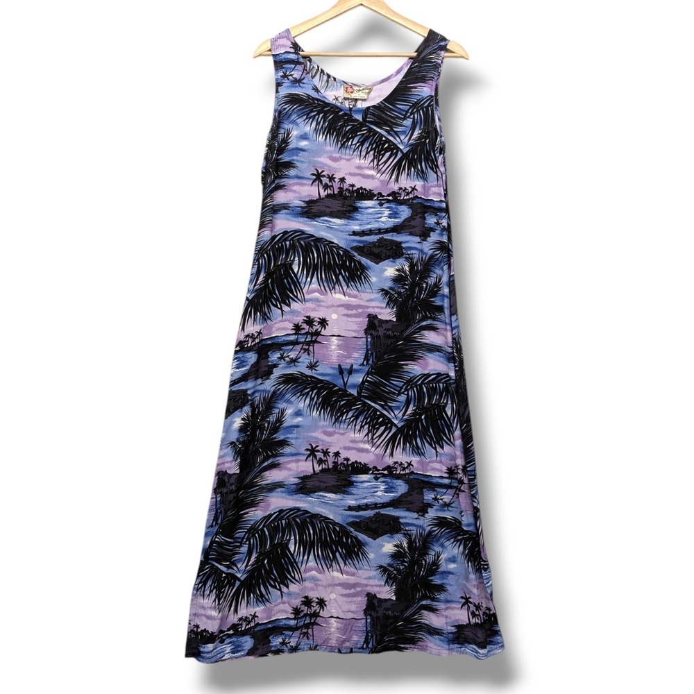 Hilo Hattie The Hawaiian Original Maxi Dress Purple Blue Tropical Sunset Rayon M